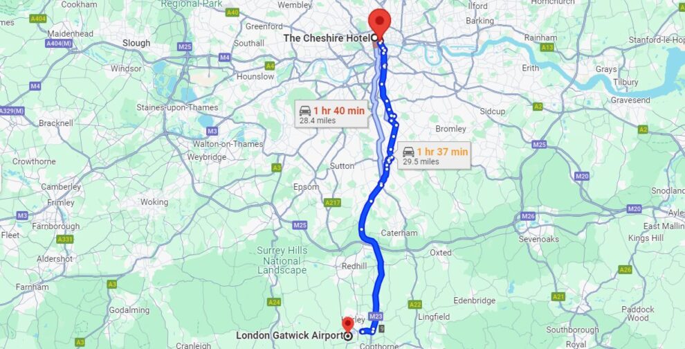 The Cheshire Hotel to Gatwick Airport Minicab route